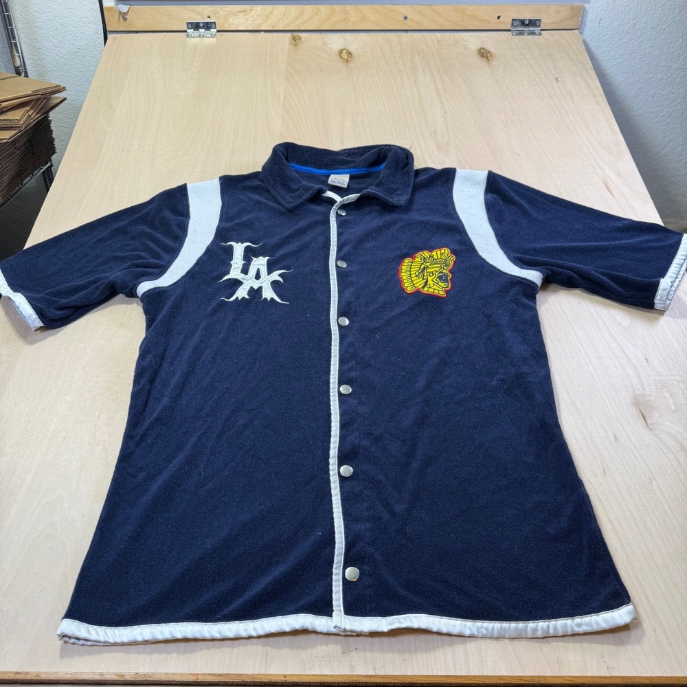 Nike BRS Products Mens Navy Terry Cloth Snap Front Shirt‎ LA Aztec Patch Large